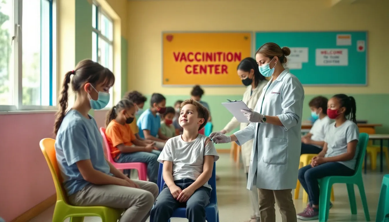 In a welcoming school-based health clinic, children are receiving vaccinations from healthcare providers, highlighting the importance of immunization in preventing vaccine-preventable diseases. The setting promotes a sense of safety and trust, encouraging families to participate in vaccination services for better public health outcomes.