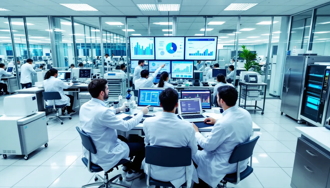 In a laboratory, scientists are intently analyzing clinical trial data related to COVID-19 vaccines, focusing on vaccine doses and their effectiveness in disease control. The scene highlights the importance of research in public health and the ongoing efforts to combat infectious diseases through vaccination.
