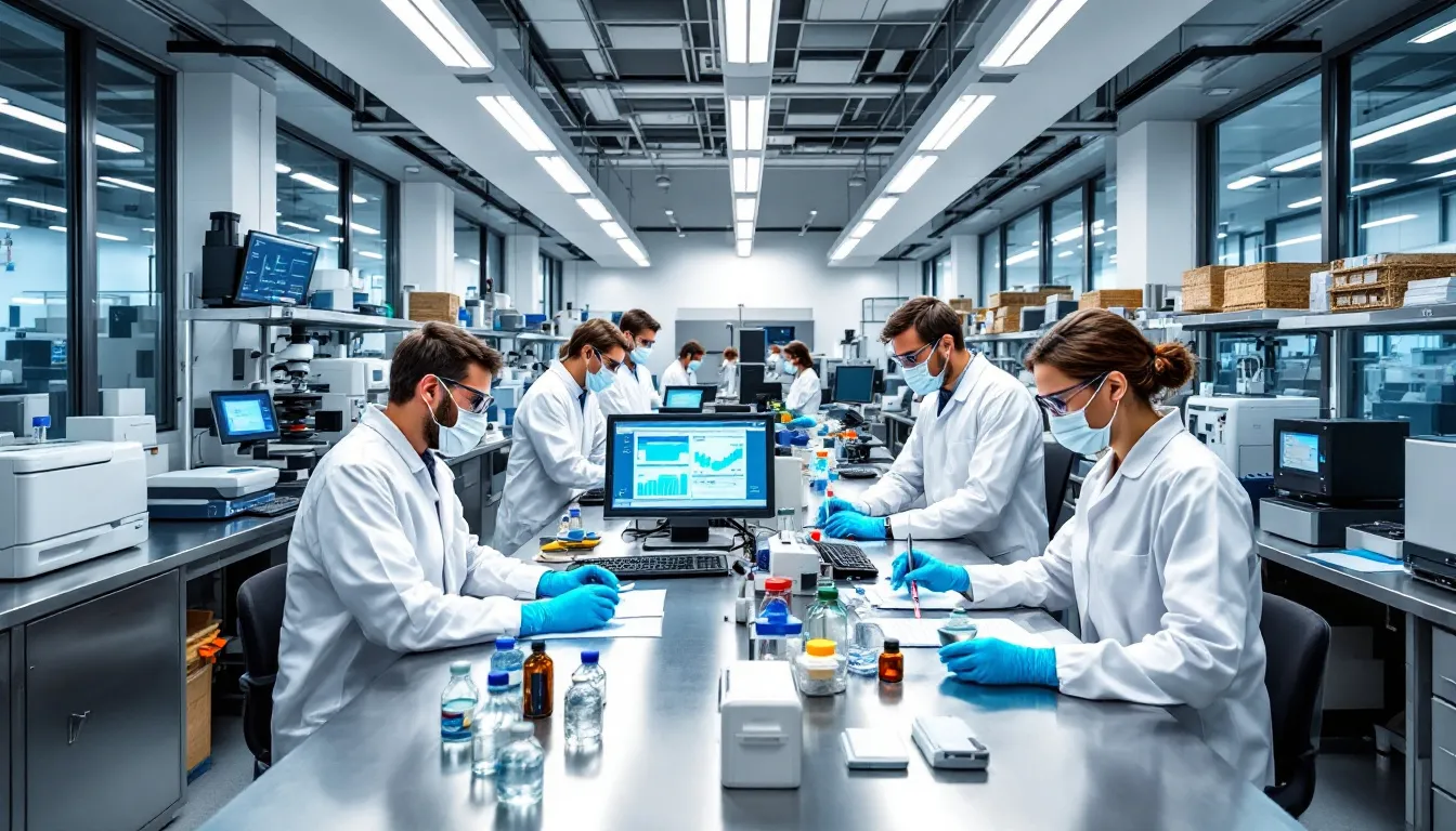In a research laboratory, scientists are engaged in the development of next-generation COVID-19 vaccines, focusing on enhancing public health and disease control. They are working on clinical trials to ensure the safety and efficacy of new vaccine doses aimed at combating infectious diseases like COVID-19.