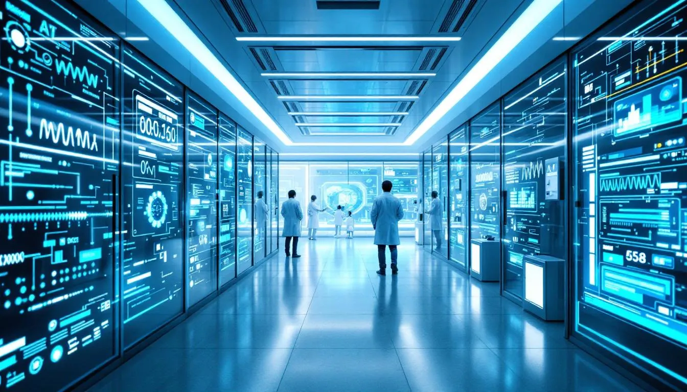 The image depicts a futuristic medical research laboratory filled with advanced AI systems actively analyzing genomic data related to vaccine safety monitoring. Researchers are seen collaborating to assess safety concerns and patterns associated with various vaccines, ensuring high safety standards to protect against vaccine-preventable diseases.