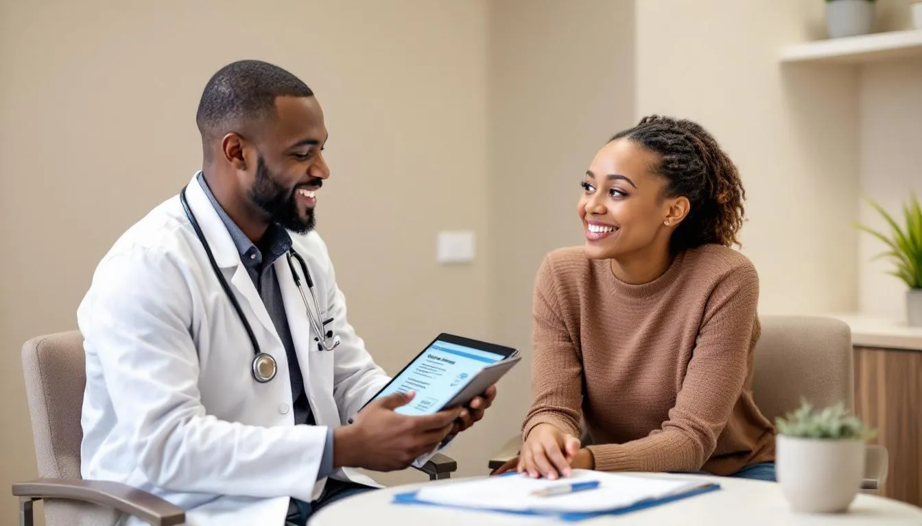 A healthcare provider is showing a patient vaccine safety information on a tablet in a comfortable medical office, discussing important topics such as vaccine safety monitoring and the effectiveness of childhood vaccines in preventing serious diseases. The patient appears engaged and interested in understanding the safety concerns and benefits of vaccination.