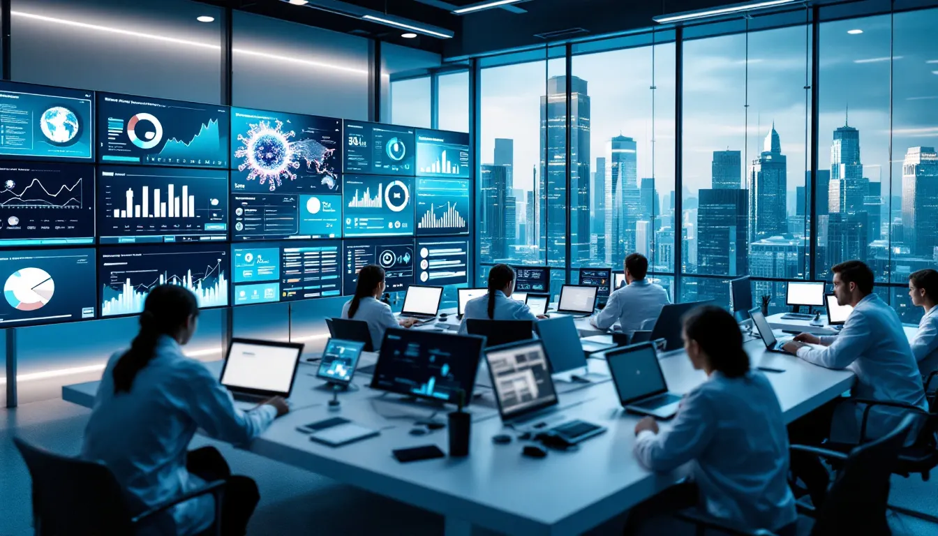 In a public health monitoring center, healthcare professionals collaborate with advanced AI technology, analyzing electronic health records and clinical data to enhance patient care and improve health outcomes. The scene reflects the integration of artificial intelligence in healthcare systems, showcasing tools that support disease diagnosis and population health management.