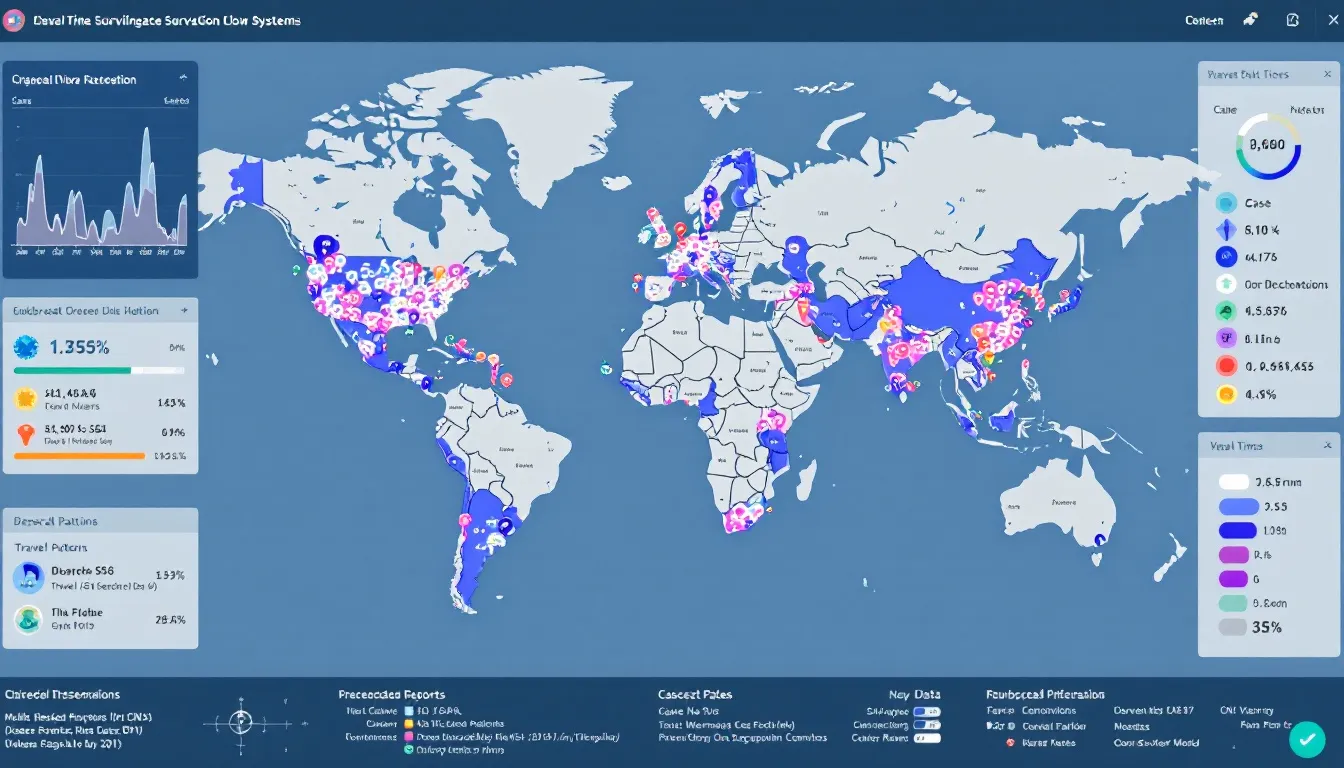 A detailed map illustrating disease surveillance patterns, integrating data from electronic health records and highlighting outbreak trends. This system, enhanced by artificial intelligence and machine learning, aims to improve patient outcomes and support healthcare professionals in public health initiatives.