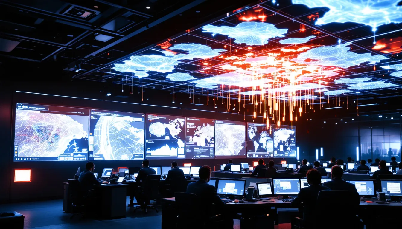 An emergency response coordination center equipped with AI-powered monitoring systems, where healthcare professionals utilize advanced artificial intelligence tools to analyze clinical data and improve patient outcomes during crises. The center highlights the integration of healthcare systems and AI technologies to enhance patient care and safety.