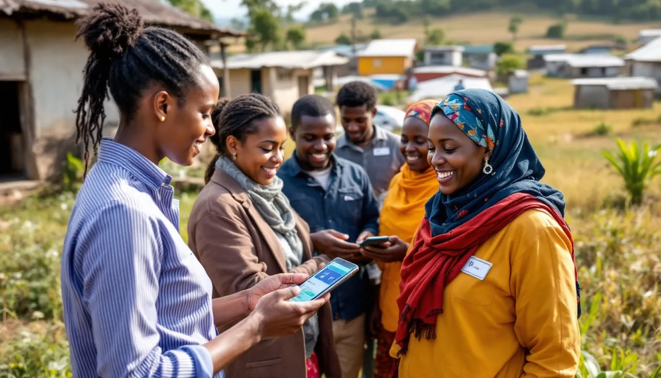 Community health workers are seen utilizing AI-powered mobile devices to monitor population health, enhancing patient care and improving health outcomes. The integration of artificial intelligence in healthcare allows for efficient management of electronic health records and better patient data analysis.