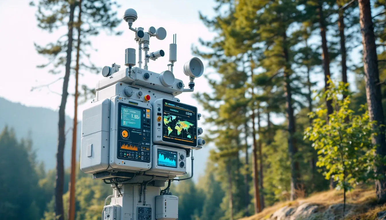 An AI-powered environmental monitoring station is depicted, equipped with various sensors and screens displaying climate and health data, emphasizing the intersection of artificial intelligence and public health. This technology aims to improve patient outcomes and enhance population health management through advanced data analysis and monitoring.