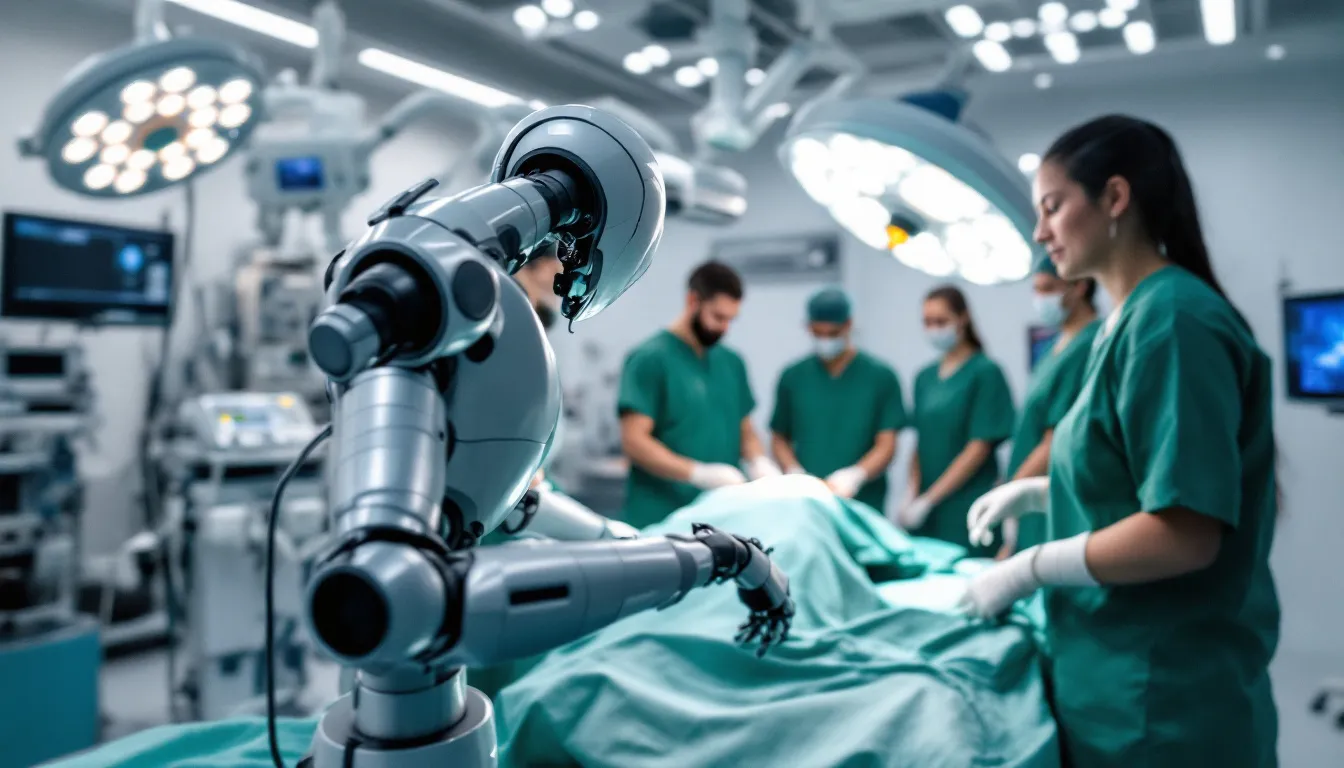 A medical robot, part of the da Vinci surgical system, assists surgeons in a modern operating room while multiple healthcare professionals collaborate on a complex procedure. This advanced technology enhances patient care by enabling minimally invasive surgeries, improving patient outcomes, and reducing recovery times.