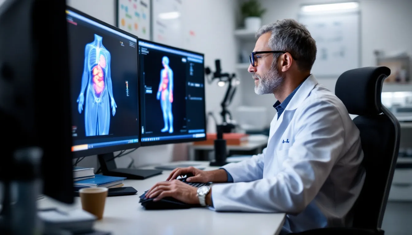 A healthcare professional is intently analyzing medical imaging data using advanced AI diagnostic tools, which are designed to enhance the accuracy of disease diagnosis and improve patient outcomes. The scene highlights the integration of artificial intelligence in healthcare, showcasing the modern AI technologies that healthcare providers utilize to manage patient data and streamline clinical workflows.