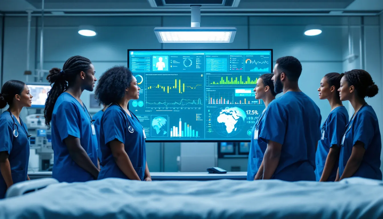 A diverse team of healthcare professionals collaborates with advanced AI systems to enhance patient care, focusing on equitable healthcare delivery and the effective use of healthcare data. The scene depicts healthcare providers engaging with AI tools to improve patient outcomes and streamline clinical workflows.
