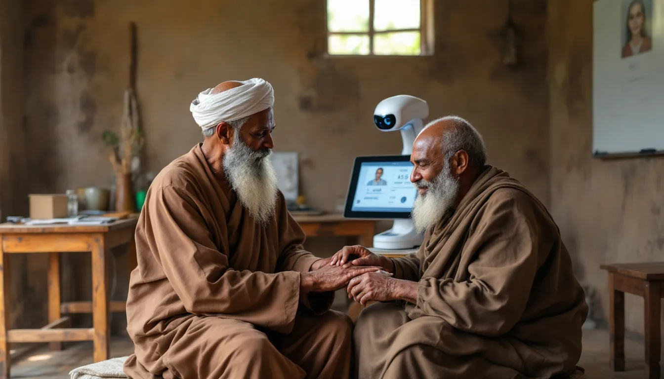 A traditional healer collaborates with modern AI diagnostic equipment in a rural healthcare setting, showcasing the integration of healthcare professionals and advanced AI technologies to enhance patient care. This scene highlights the blending of cultural practices and innovative health tech to improve patient outcomes and support effective disease diagnosis.