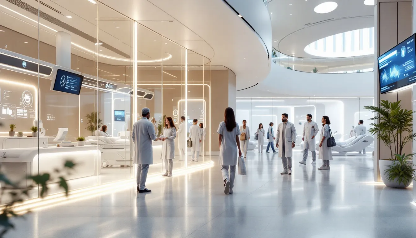 The image depicts a futuristic healthcare facility where healthcare providers utilize advanced AI systems and tools to enhance patient care and improve patient outcomes. The environment emphasizes human-centered care delivery, integrating healthcare data and artificial intelligence to streamline clinical workflows and support medical professionals in their diagnostic processes.
