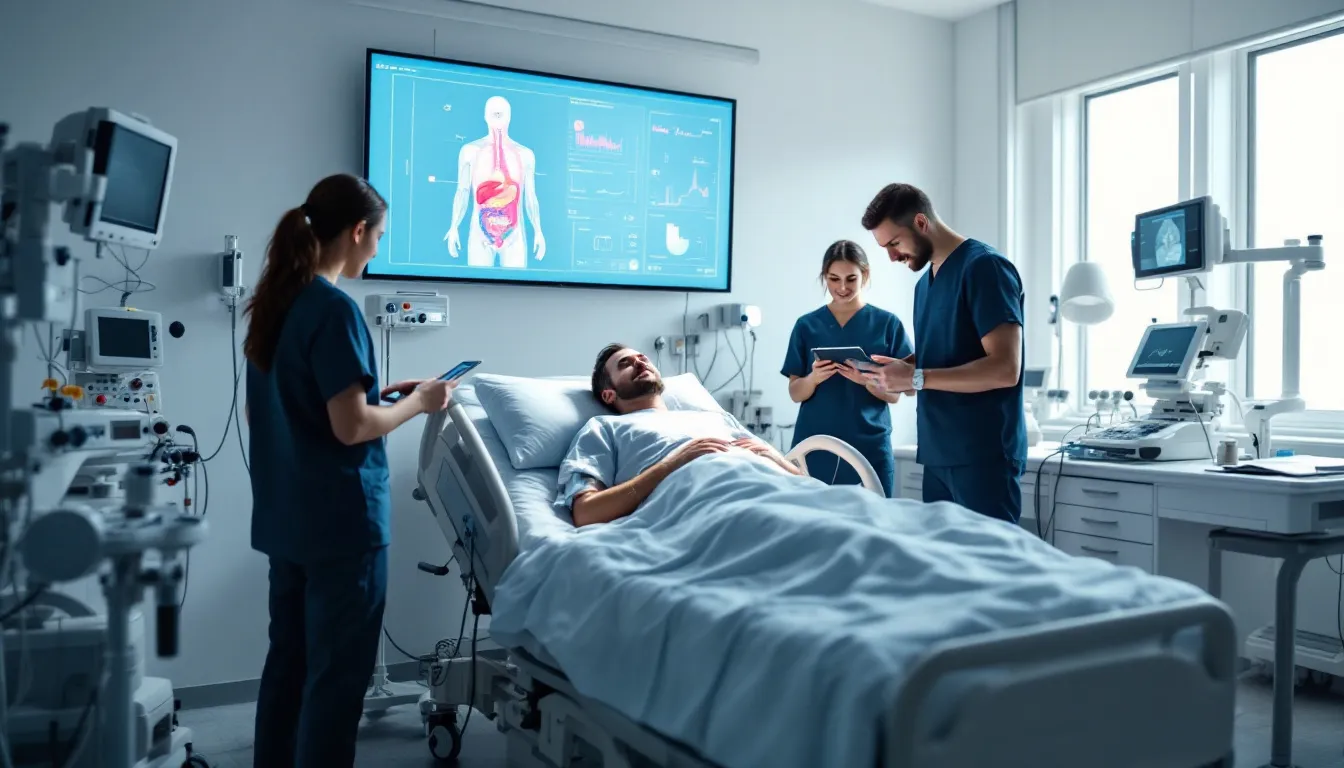 The image depicts a patient receiving care from a healthcare team, who are utilizing advanced AI-enhanced medical technology to improve patient experience and streamline communication. The scene illustrates doctors and clinicians collaborating with AI systems to evaluate lab results and make informed diagnoses.
