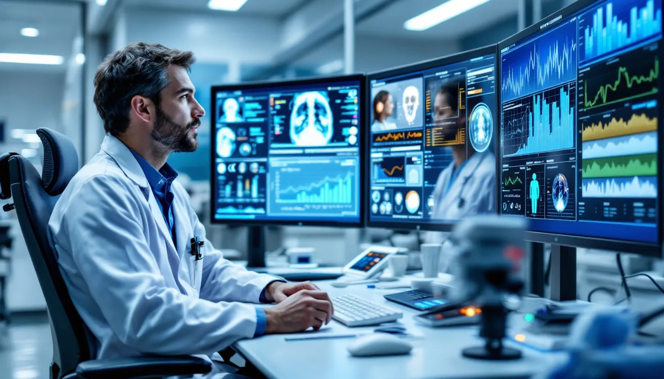 A healthcare professional is engaged at an AI-enabled workstation, utilizing multiple monitors that display comprehensive patient data and analytics. This setup enhances clinical workflows and supports clinicians in delivering actionable insights to improve patient outcomes within health systems.