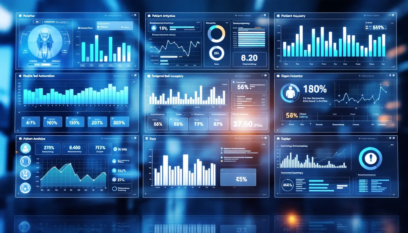 The image depicts a multi-screen dashboard showcasing healthcare analytics and performance metrics, designed to provide healthcare professionals with actionable insights to improve patient outcomes and streamline clinical workflows. This enterprise-grade healthcare AI platform emphasizes efficiency and innovation, supporting clinicians in managing critical cases and reducing administrative burdens.