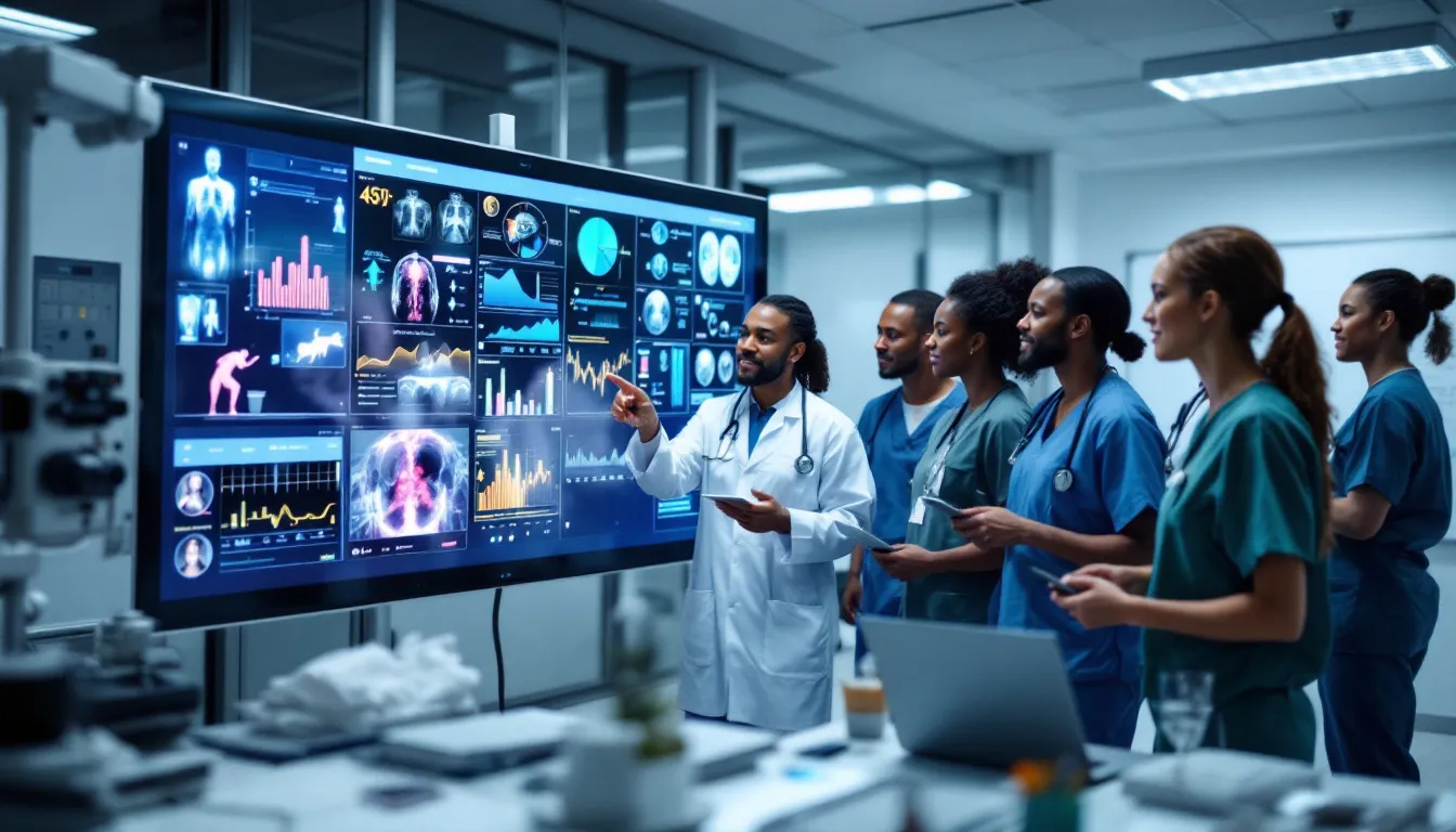 A diverse group of healthcare professionals collaborates on patient care, utilizing digital tools to enhance clinical workflows and improve patient outcomes. They are engaged in discussions, leveraging an AI platform to gain actionable insights for critical cases, showcasing the future of integrated healthcare systems.