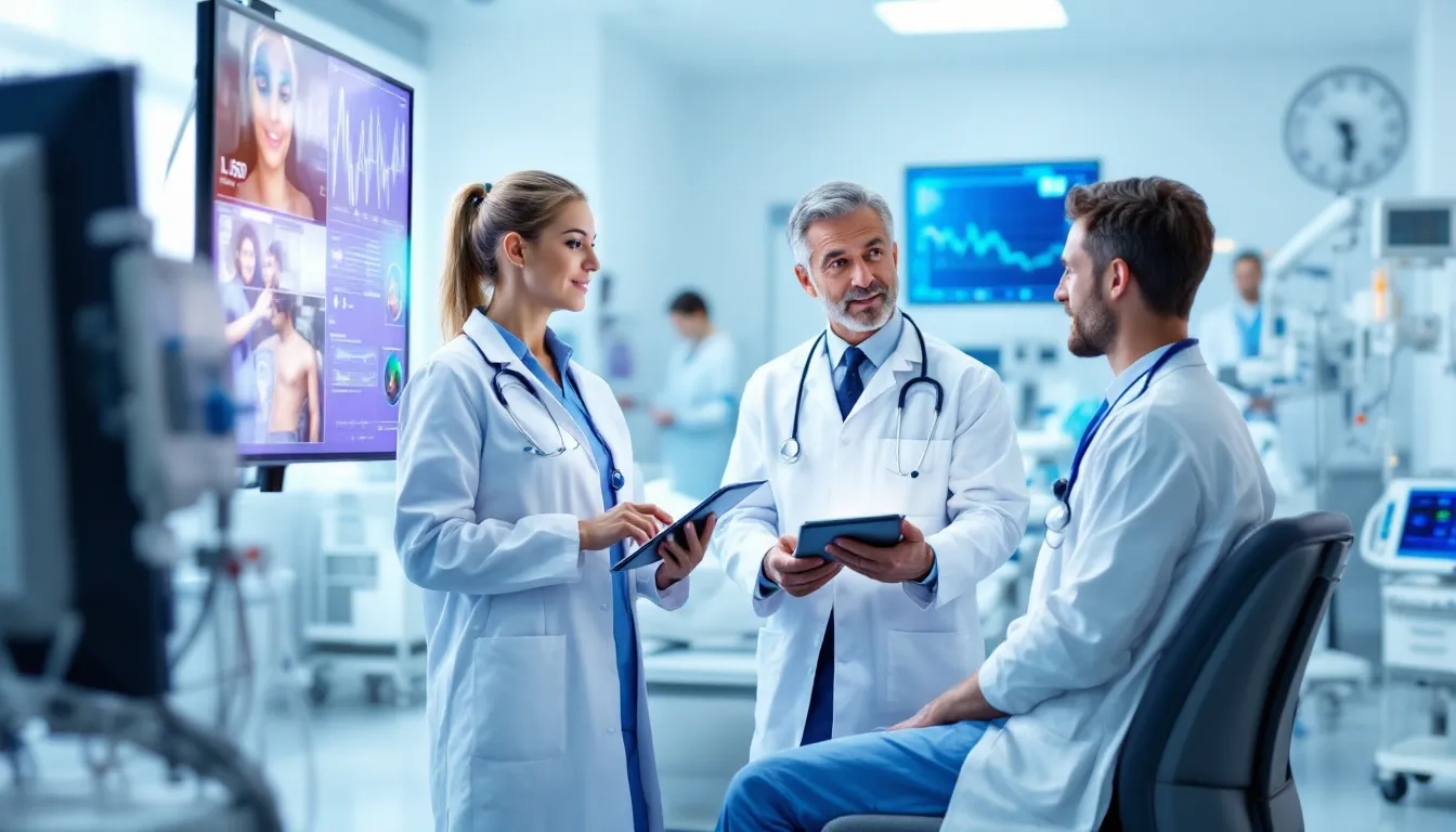 The image depicts healthcare professionals collaborating in a modern clinical setting, utilizing digital technology and medical equipment to enhance patient care. They are engaged in analyzing patient data and discussing personalized treatment plans, aiming to improve health outcomes and streamline clinical workflows.