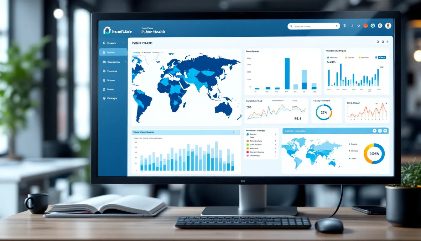 The image depicts a public health surveillance dashboard displaying disease monitoring data and geographic health patterns, designed to assist healthcare professionals in analyzing patient data and identifying trends across different communities. This tool aims to enhance patient care and improve health outcomes through timely interventions and informed decision-making.