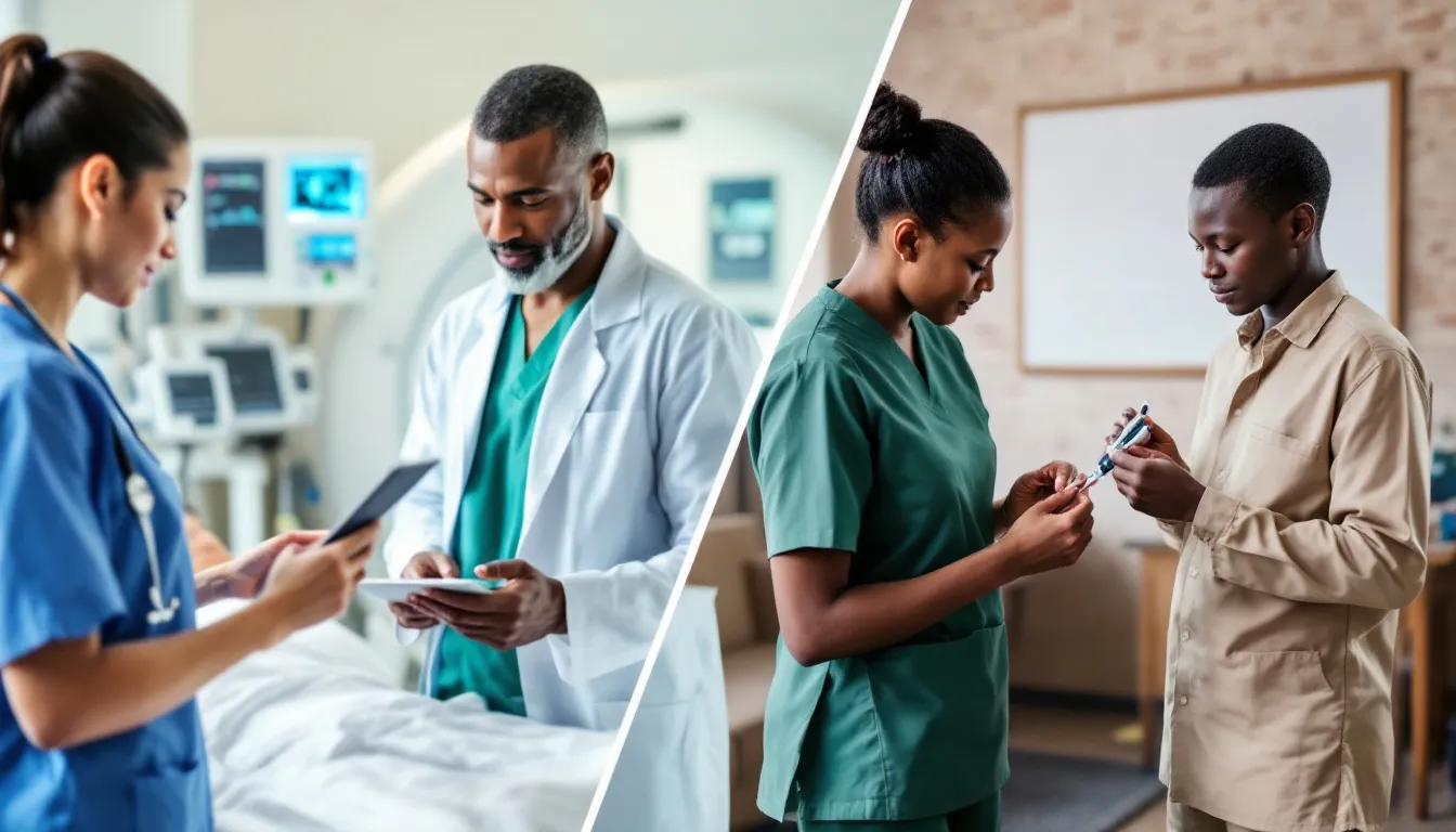 The image depicts healthcare professionals working in various settings, such as urban hospitals and rural clinics, utilizing advanced medical technologies to enhance patient care. These medical workers engage with patient data and employ AI-driven tools to improve health outcomes and streamline clinical workflows.