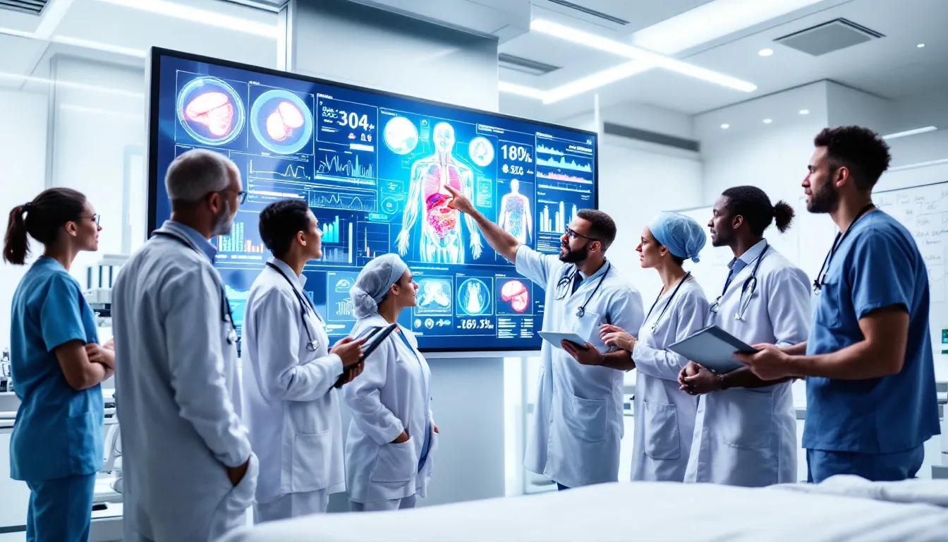 A diverse group of healthcare professionals is collaborating around advanced healthcare technology, including data visualization systems, to analyze patient data and improve patient outcomes. Their teamwork focuses on integrating AI tools and clinical trial data to enhance patient care and optimize clinical workflows.