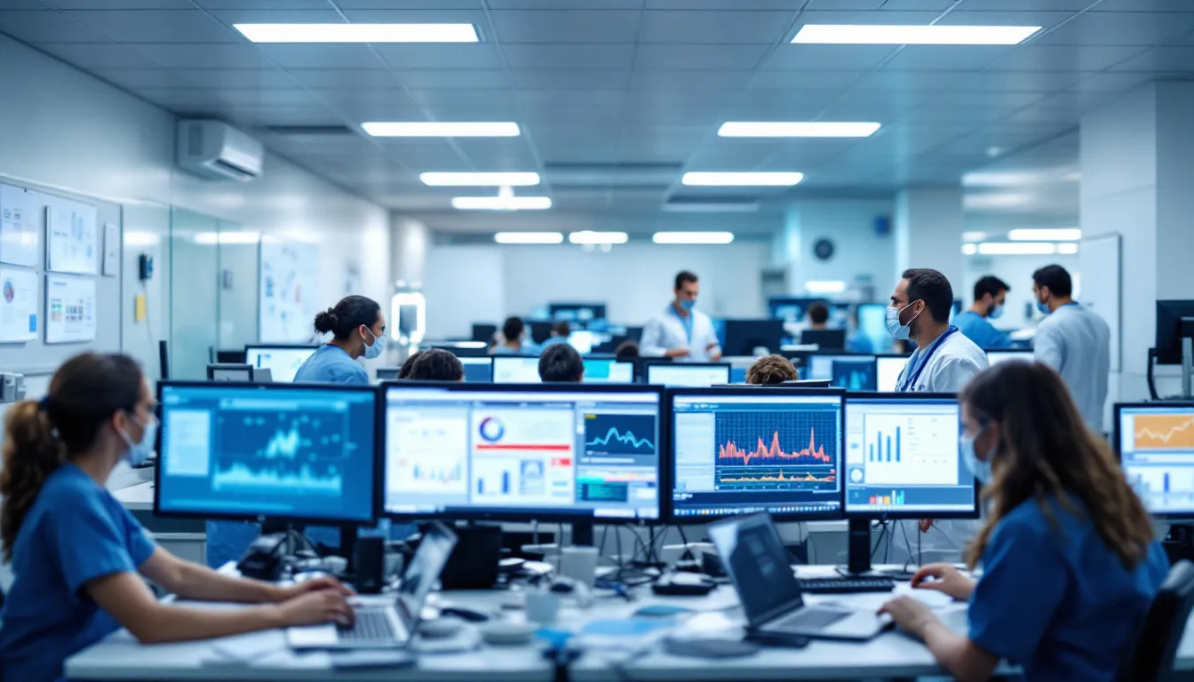 In a modern medical facility, healthcare professionals are intently analyzing data displayed on multiple computer screens, utilizing healthcare data analytics to enhance patient outcomes. The scene reflects the integration of electronic health records and innovative medical devices within the digital health ecosystem, showcasing the importance of data-driven healthcare in improving patient care.