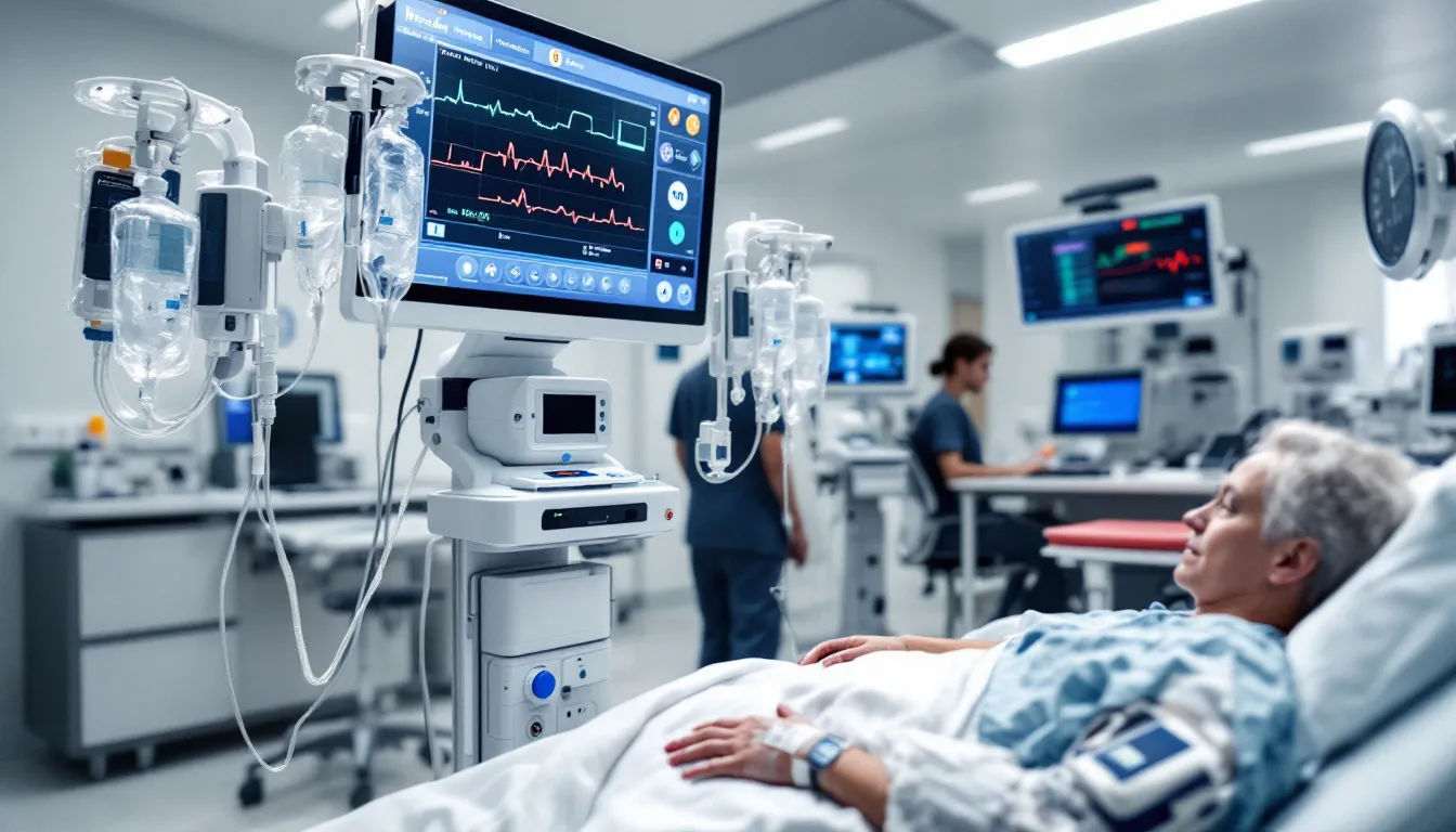 The image depicts a modern hospital room equipped with innovative medical devices and monitoring equipment, all interconnected within a digital health ecosystem. This environment enhances patient care and supports healthcare providers in managing patient data effectively, contributing to improved patient outcomes and operational efficiency in the healthcare sector.