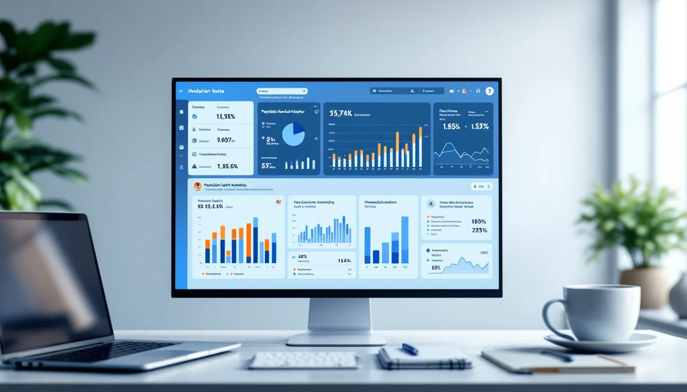 The image features a healthcare data visualization dashboard showcasing various population health metrics and analytics, highlighting key patient outcomes and trends within the healthcare industry. It emphasizes the role of electronic health records and data analytics in improving patient care and managing healthcare data effectively.