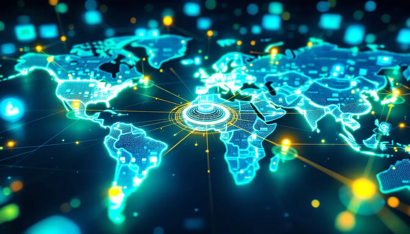 The image depicts a global network visualization that illustrates interconnected healthcare data systems, highlighting international collaboration among healthcare organizations. This digital health ecosystem emphasizes the importance of electronic health records and healthcare data analytics in improving patient outcomes and managing population health effectively.