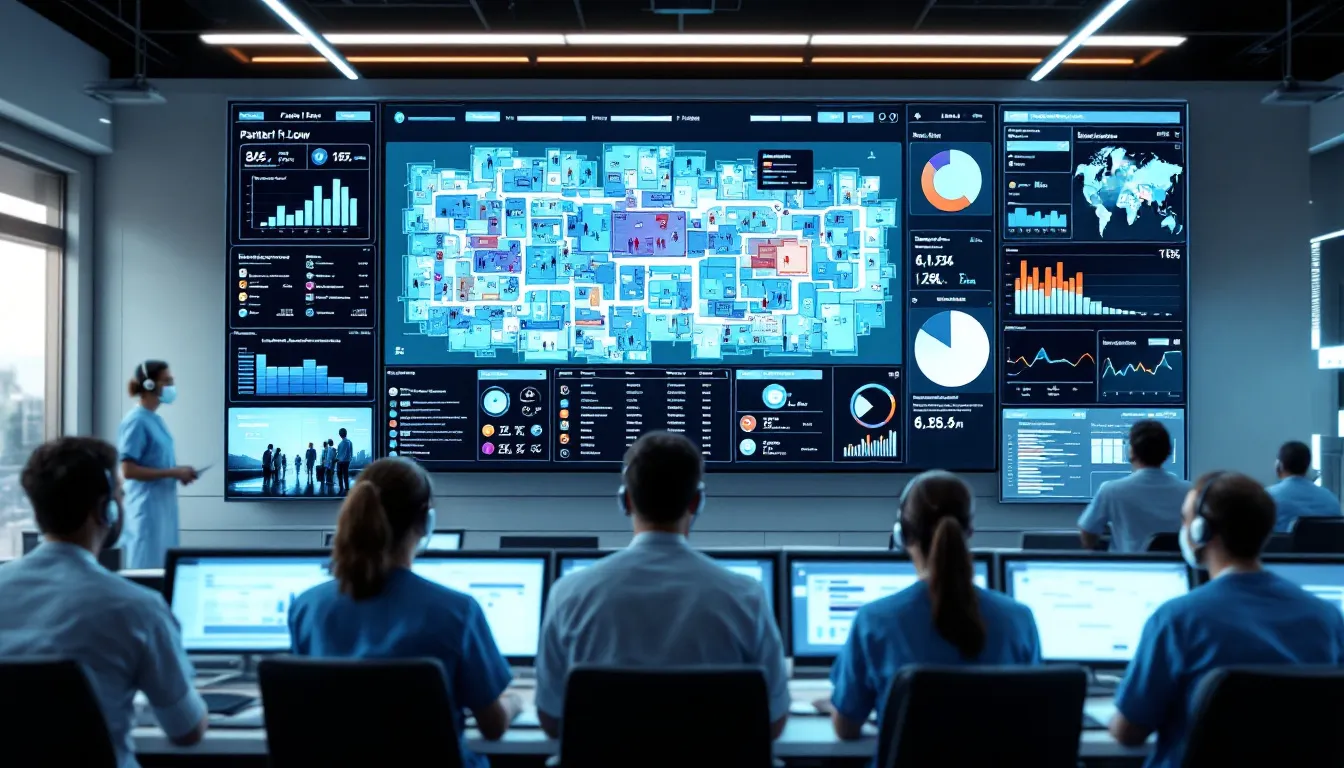 The image depicts a hospital command center featuring large screens displaying real-time dashboards that track patient flow and quality metrics, emphasizing the importance of data management and evidence-based medicine in healthcare systems. This setup illustrates how data analysis and electronic medical records can enhance clinical practice and improve patient outcomes.