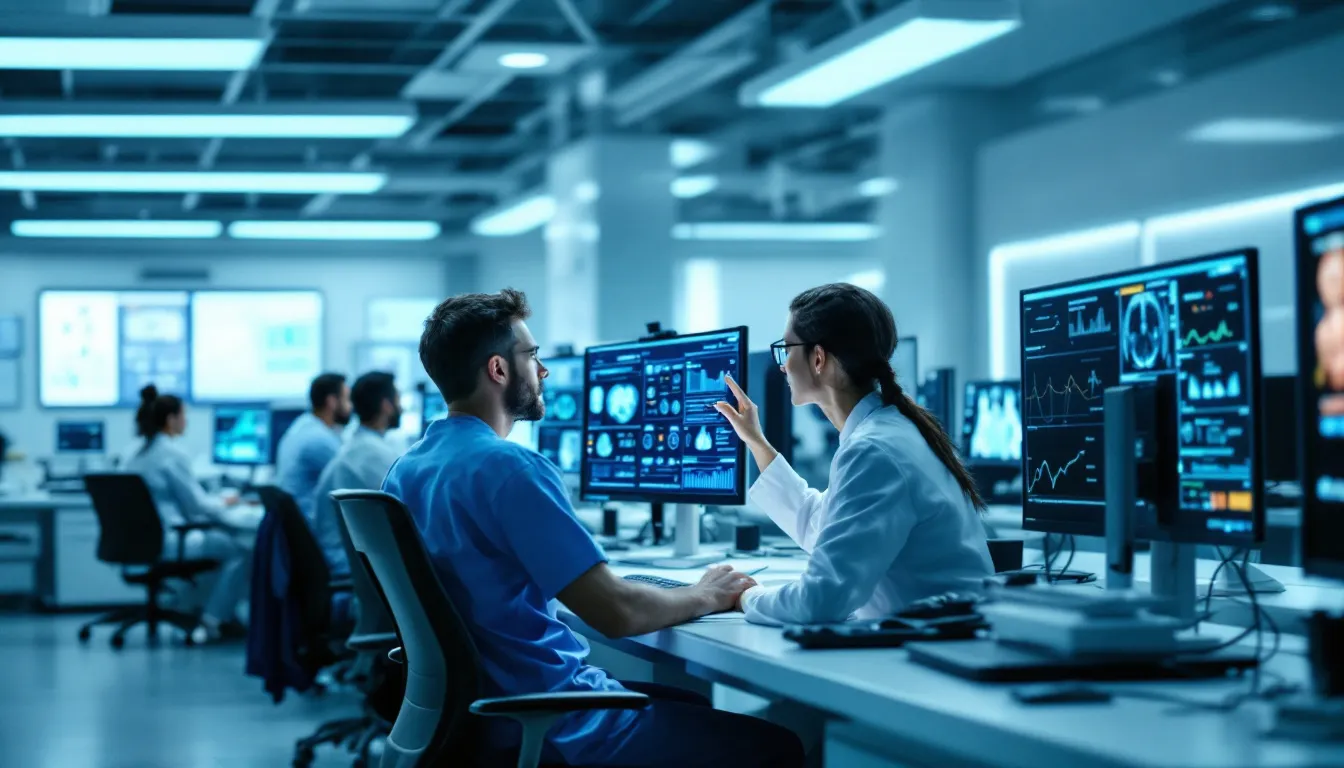 A group of healthcare professionals is seen analyzing patient data on multiple computer screens within a modern medical facility, utilizing health analytics and predictive modeling to enhance patient care and improve patient outcomes. The environment reflects the integration of electronic health records and data visualization techniques essential for effective healthcare operations.
