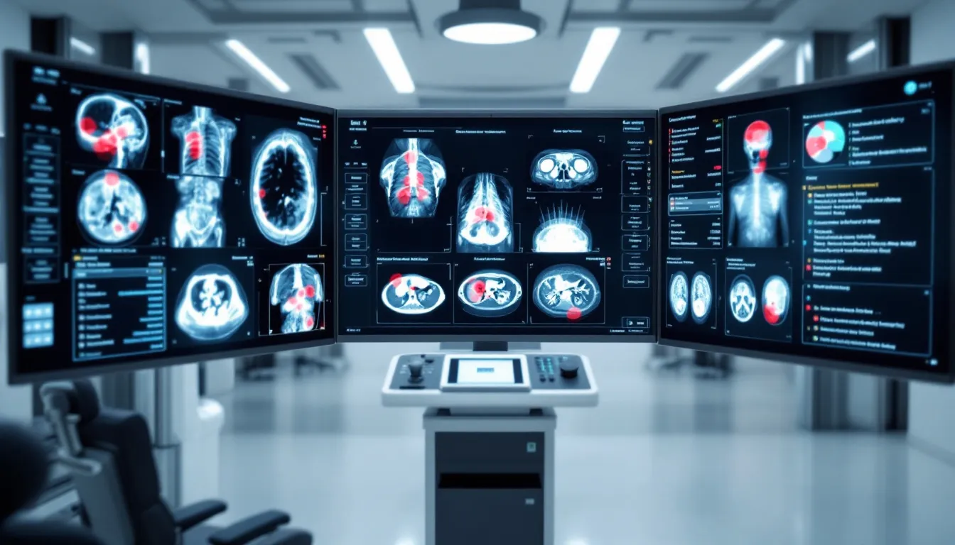 The image displays medical imaging screens featuring AI-assisted analysis, with highlighted areas indicating points of interest and diagnostic suggestions aimed at improving patient outcomes. This visualization represents the integration of healthcare analytics and artificial intelligence in patient care, enhancing data analysis skills for healthcare professionals.