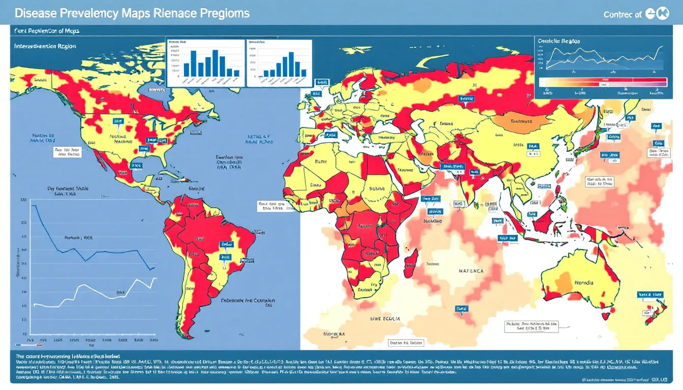 The image depicts a population health data visualization featuring disease prevalence maps and trend analysis across various geographic regions, showcasing how healthcare analytics can reveal insights into patient outcomes and health disparities. This graphical representation aids healthcare providers and organizations in making informed decisions to improve patient care and resource allocation.