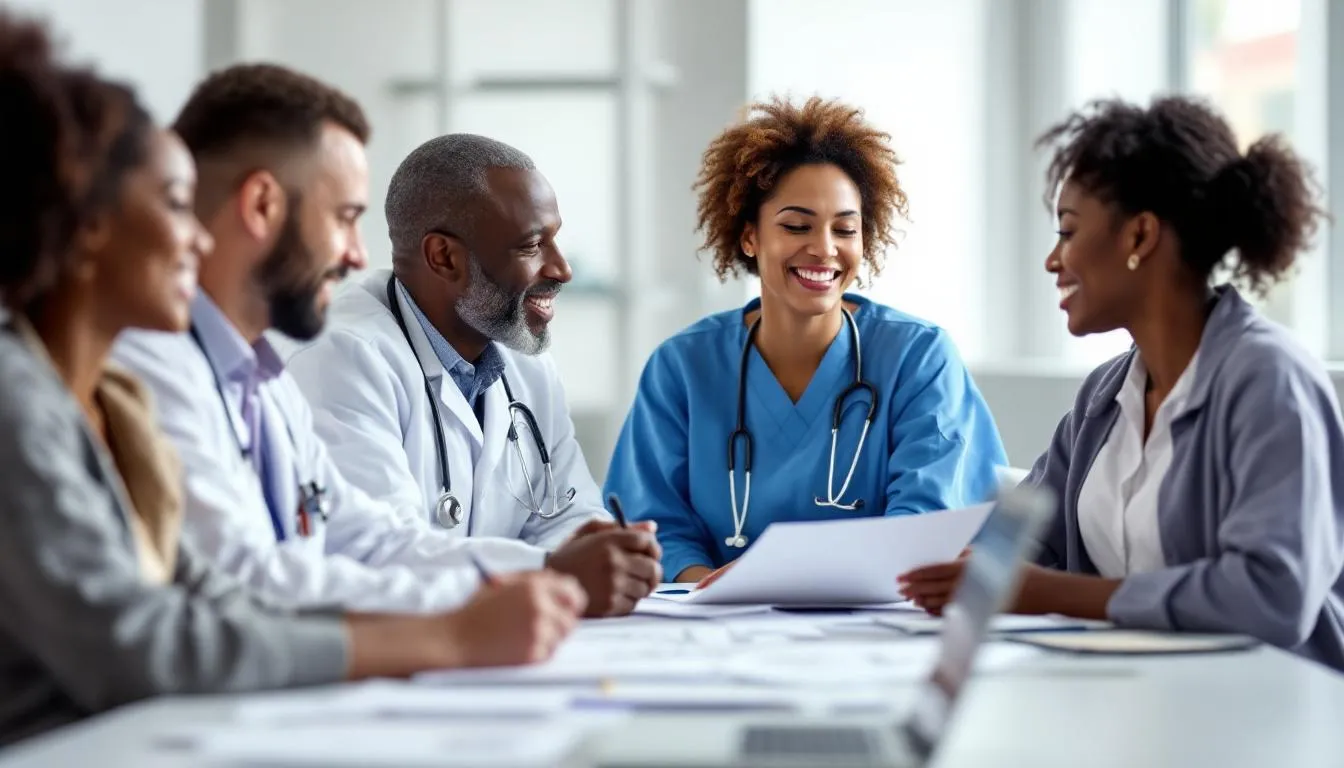 In a clinical setting, healthcare professionals collaborate with community members to enhance overall health and well-being, focusing on multiple dimensions such as mental health, physical wellness, and emotional wellness. This teamwork aims to support individuals in managing their health effectively and improving their quality of life.