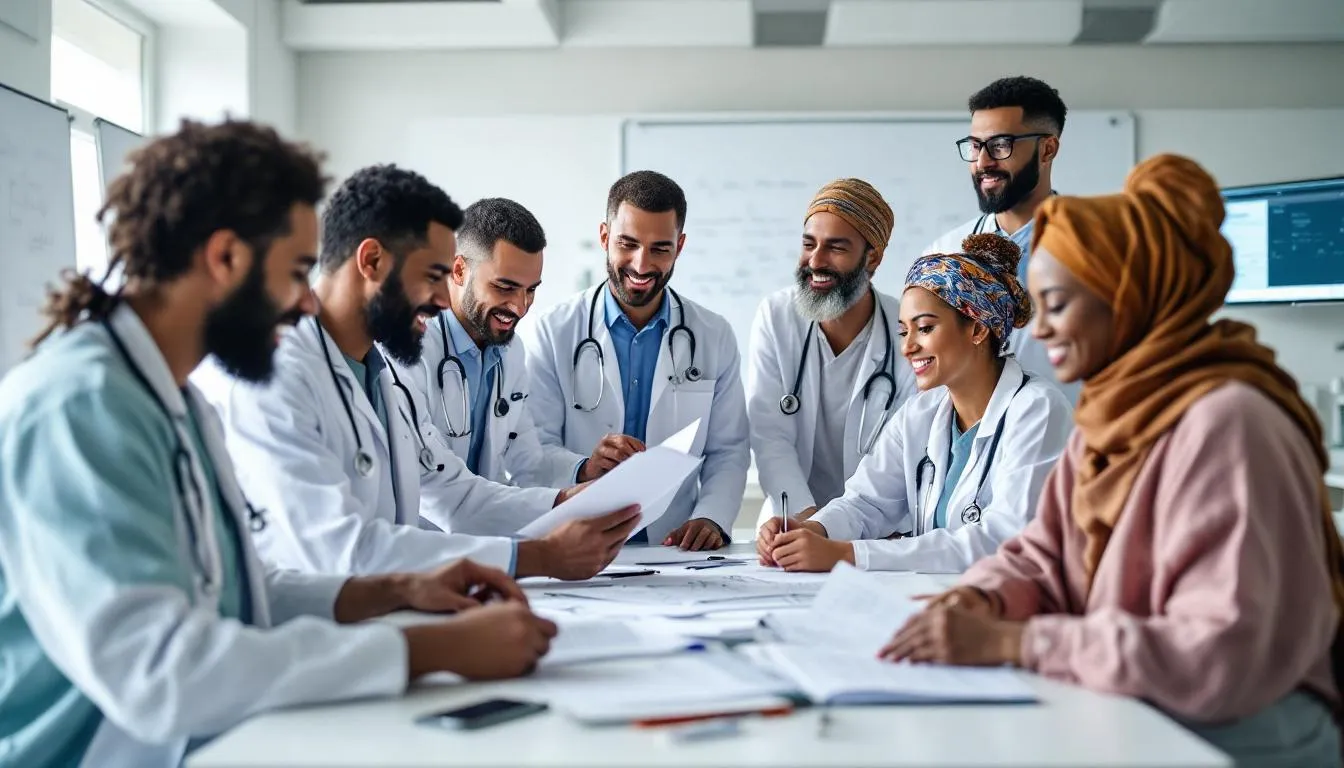 A diverse group of healthcare practitioners, including traditional and conventional medicine providers, collaborate in a shared space, emphasizing a holistic approach to mental and physical health. This image illustrates the integration of various treatment options, showcasing their commitment to optimal health and overall well-being through complementary and integrative health practices.