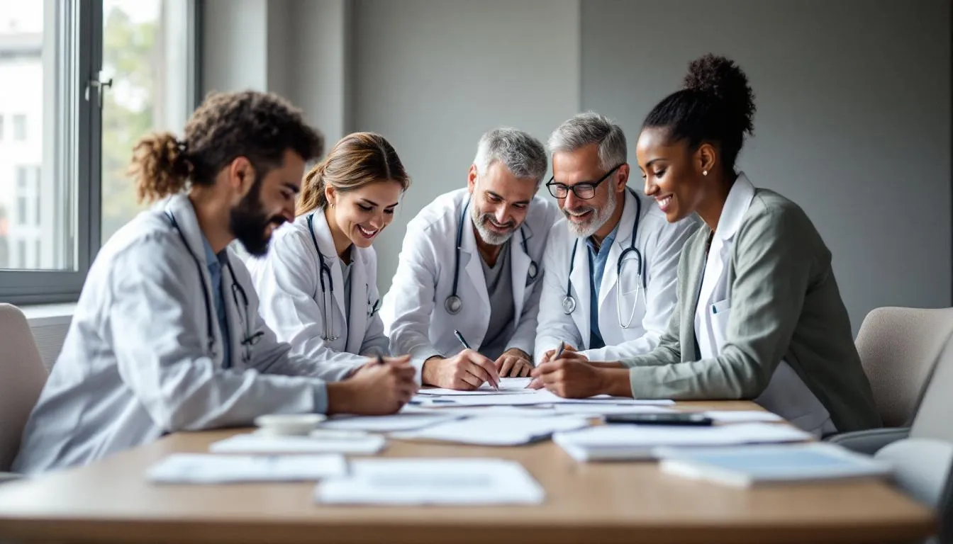 The image depicts a diverse medical team gathered for a meeting, including both conventional physicians and complementary practitioners. They are discussing various treatment options and holistic approaches to enhance overall health, focusing on the integration of conventional medicine with alternative therapies for optimal mental and physical health.