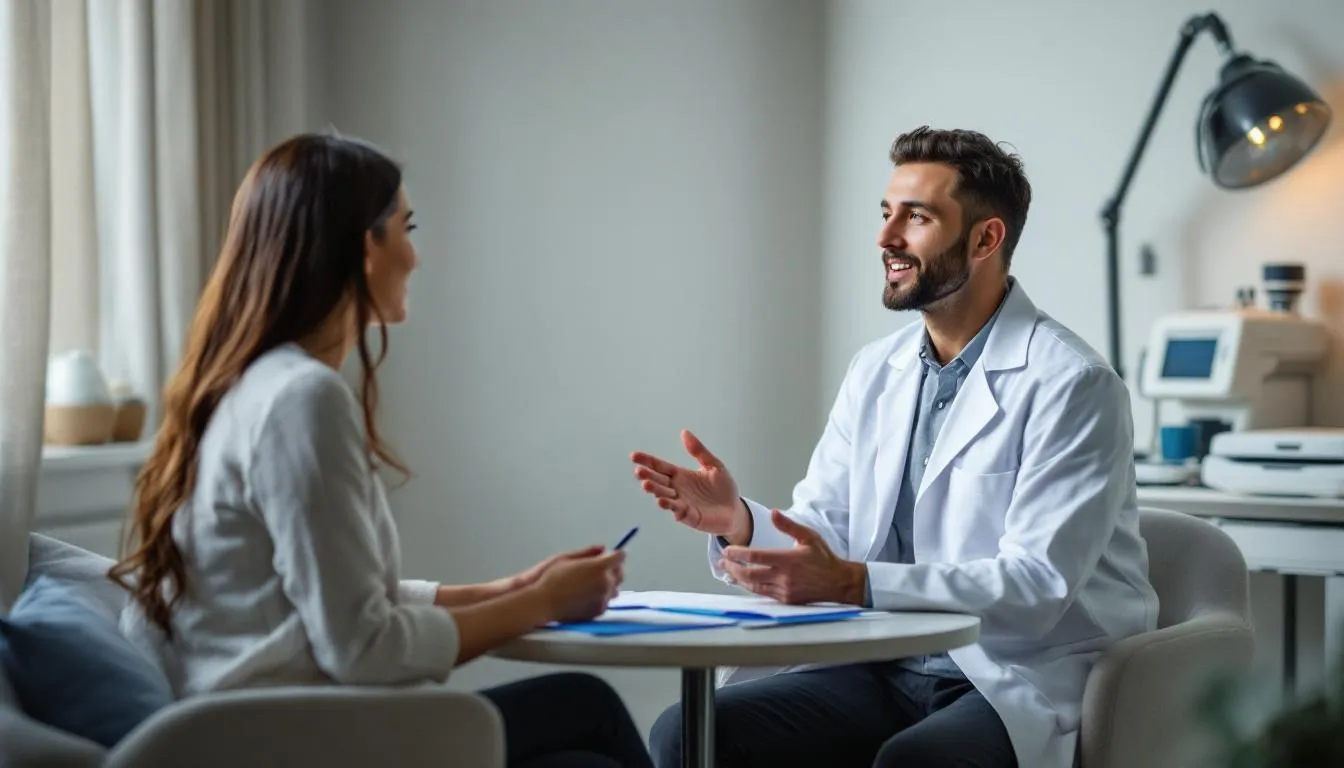 A healthcare professional is seated with a patient, discussing various holistic treatment options for addiction recovery, emphasizing a comprehensive approach that integrates both mental and physical health. The consultation highlights the importance of developing healthy coping mechanisms and exploring alternative therapies to promote overall well-being.