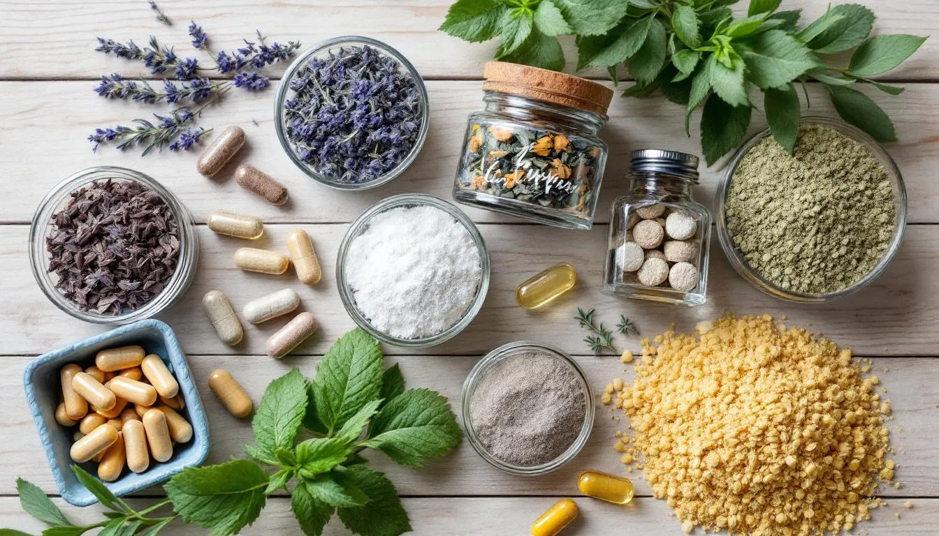 The image features a variety of herbs and natural supplements displayed in glass containers, highlighting a holistic approach to health and wellness. These elements represent alternative therapies that may support mental health and promote holistic healing in addiction treatment and overall well-being.