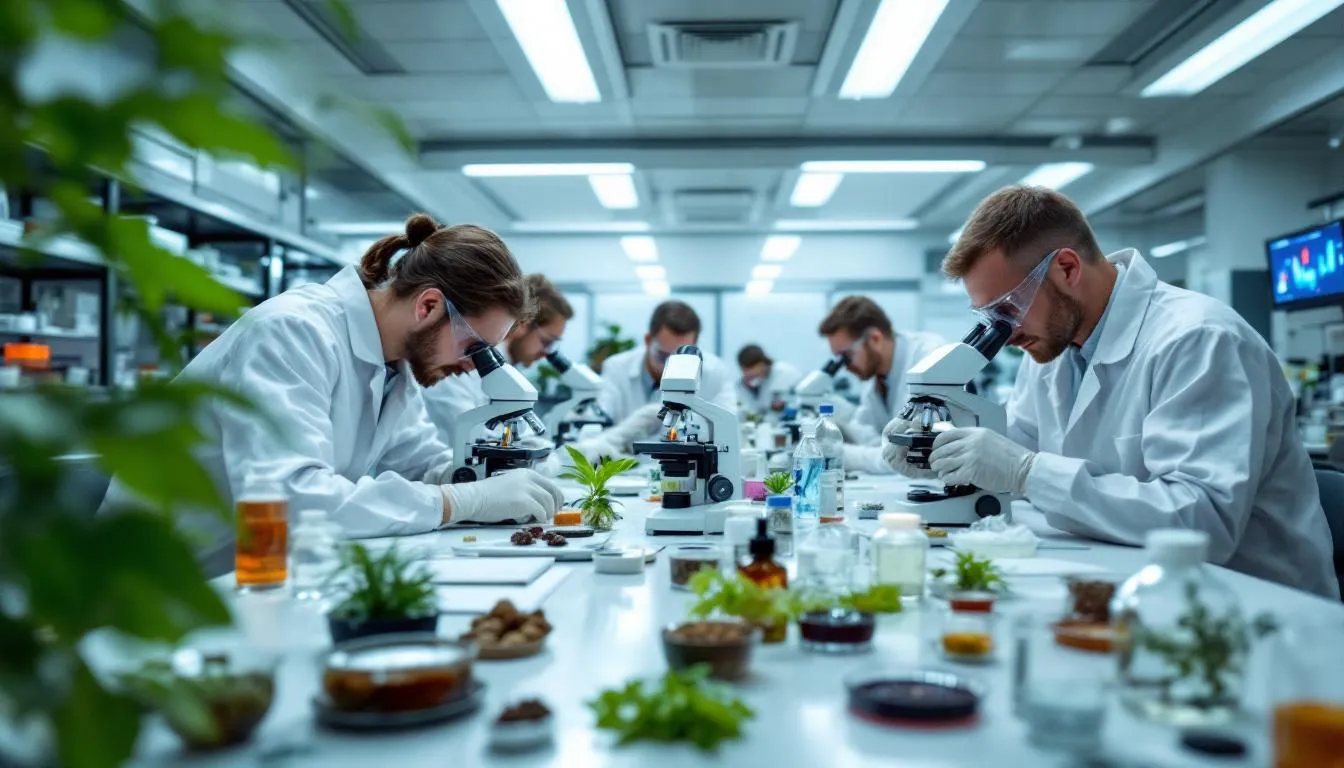 In a laboratory setting, scientists are closely examining various natural compounds under microscopes, highlighting their focus on holistic approaches to addiction treatment and mental health. The scene emphasizes the integration of traditional medical treatments with holistic therapies to promote overall well-being and comprehensive healing.