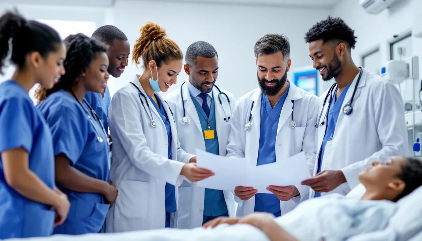 A diverse group of healthcare professionals is collaborating on patient care, focusing on a holistic approach that integrates physical, mental, and spiritual aspects of health. Their teamwork emphasizes the importance of comprehensive treatment plans and various holistic therapies to promote overall well-being and addiction recovery.