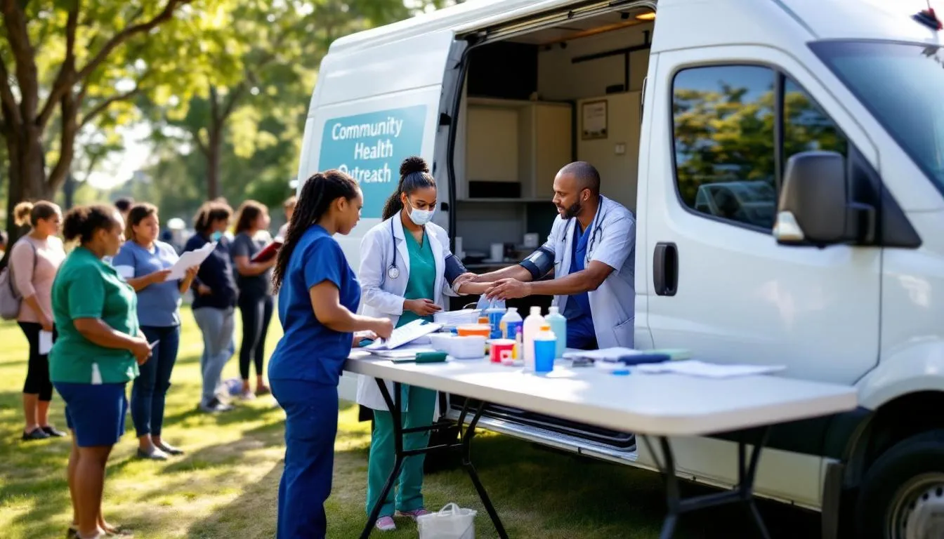 Healthcare professionals are seen conducting community health screenings, utilizing mobile health solutions to connect patients and improve health outcomes. They are engaged in monitoring technologies that facilitate real-time clinical data collection for effective preventive cardiovascular care.
