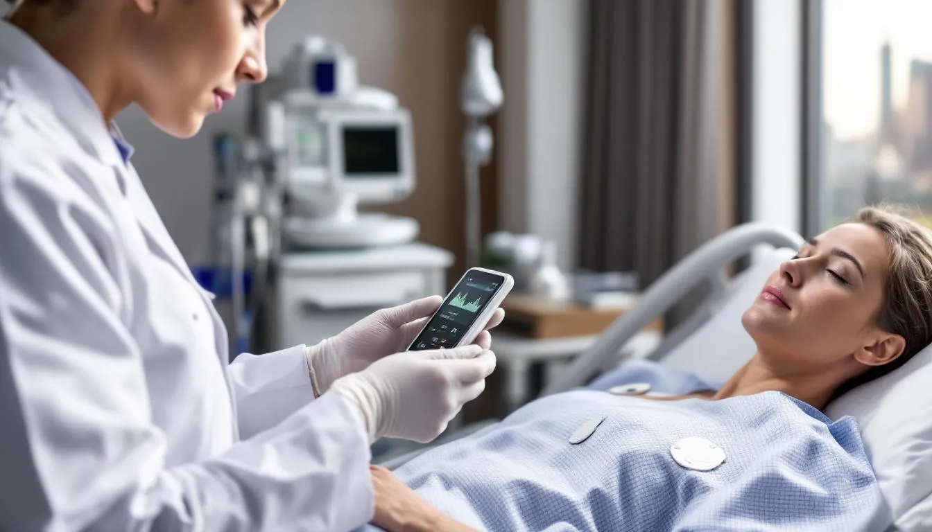 A medical professional is seen using a mobile cardiac monitoring device, demonstrating the integration of revolutionary monitoring technologies in healthcare. This device enables remote cardiac monitoring, allowing for real-time heart rhythm data collection to improve health outcomes for patients.