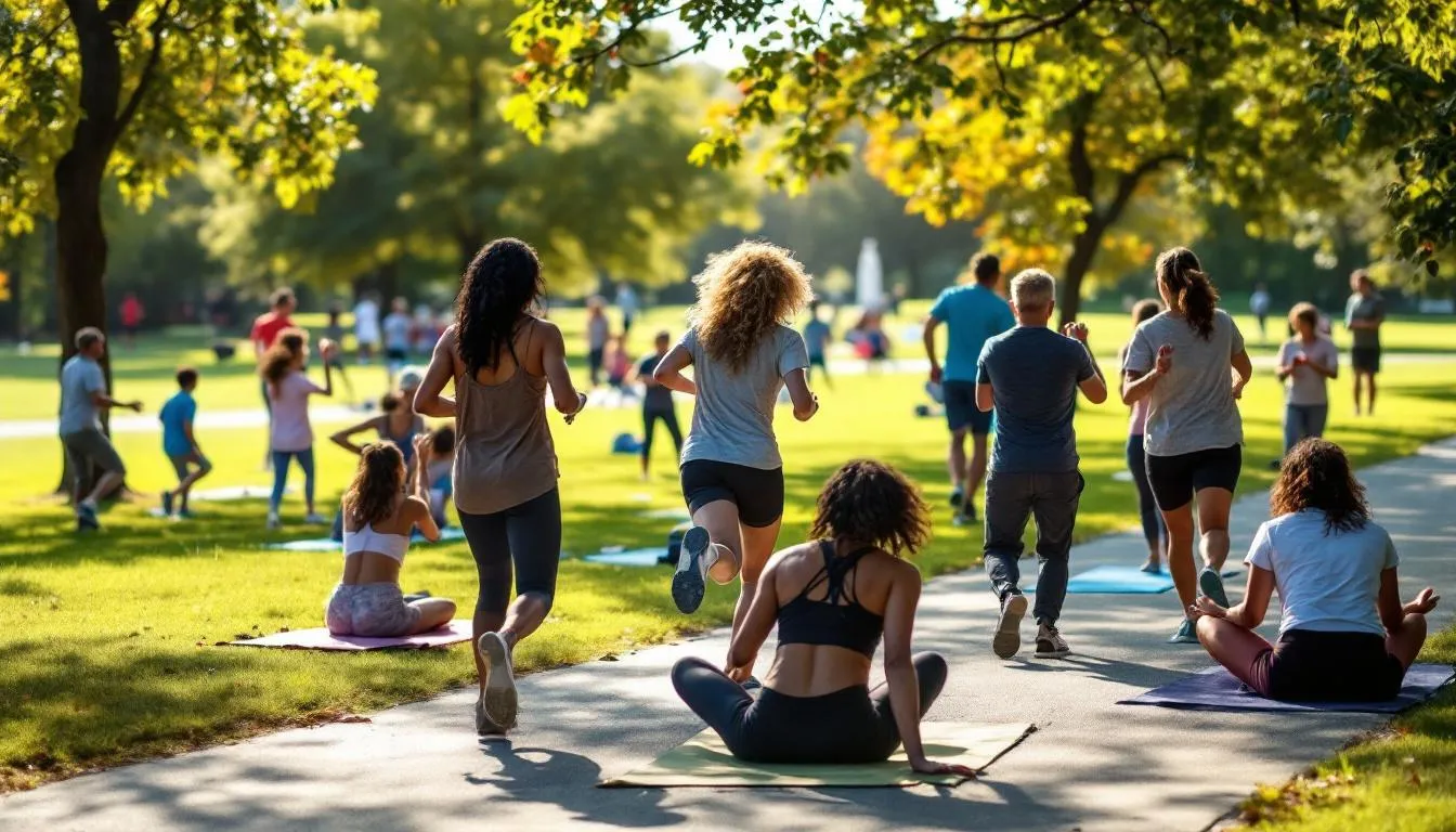 A diverse group of community members is engaged in outdoor fitness activities, showcasing a vibrant atmosphere of health and wellness. Participants are enjoying various exercises, highlighting the importance of active lifestyles in improving health outcomes and preventing cardiovascular diseases.