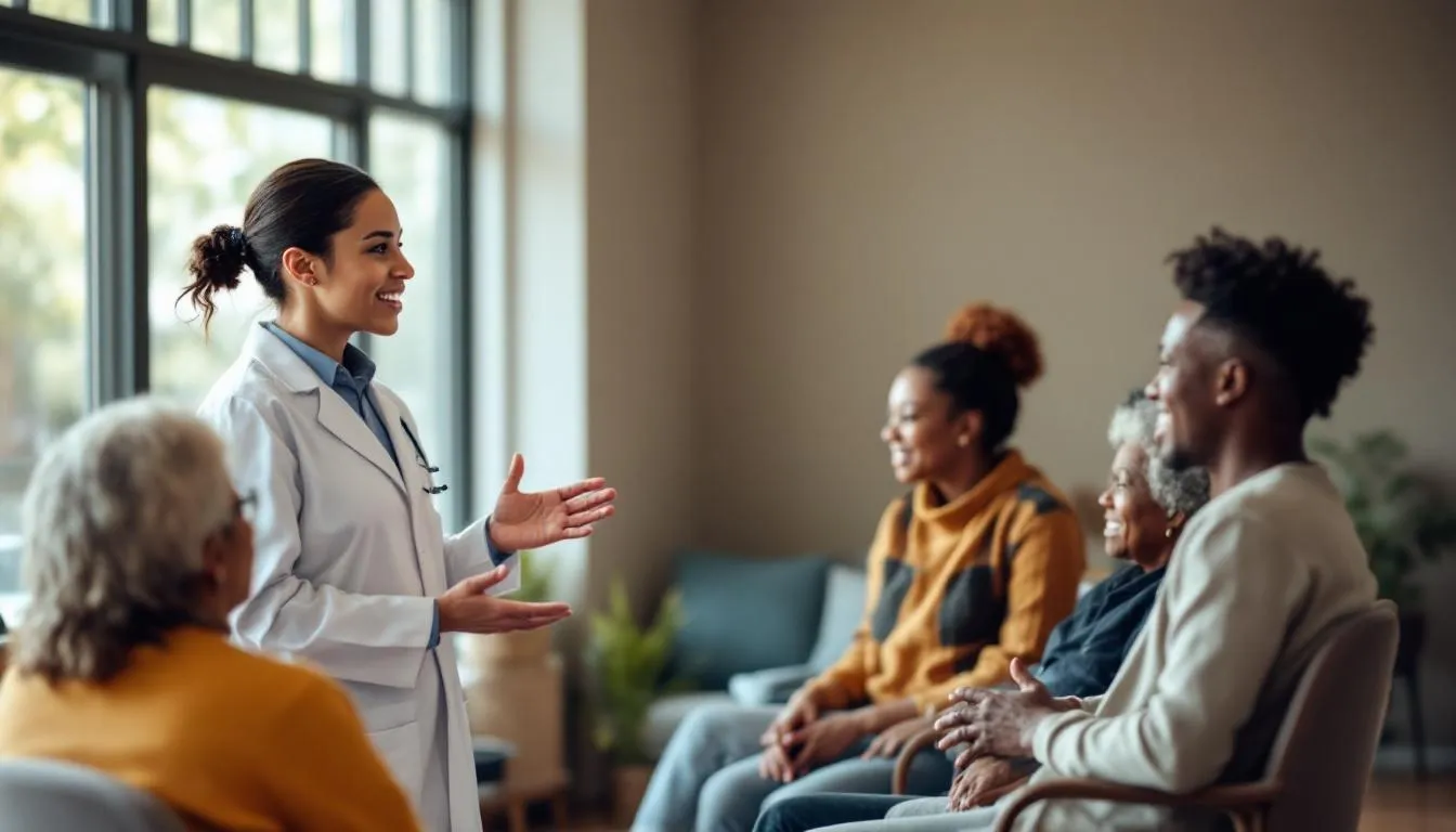 A healthcare professional engages a diverse group of patients in a community setting, discussing various concepts of wellness, including emotional health, physical activity, and healthy habits. The conversation emphasizes the seven dimensions of wellness, highlighting the importance of personal values and supportive relationships in achieving overall well-being.