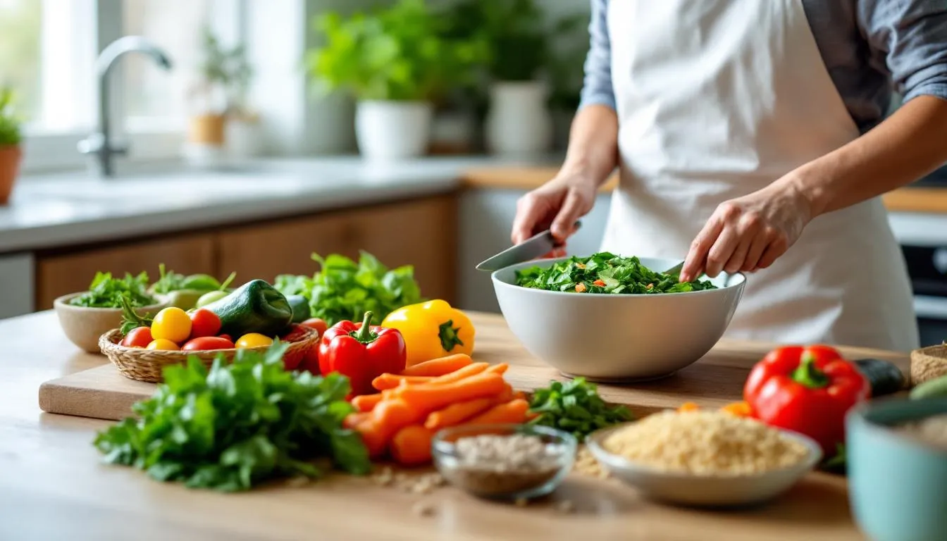 A person is preparing a colorful and nutritious meal, featuring an array of fresh vegetables and whole grains, emphasizing a healthy diet that supports physical wellness and emotional well-being. This creative and stimulating activity not only enhances their culinary skills but also promotes overall health and personal satisfaction in daily life.