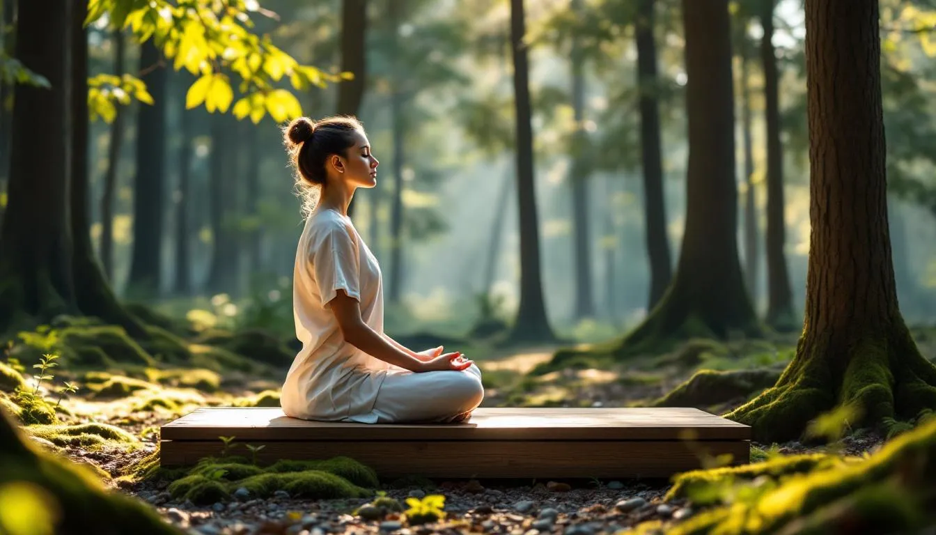 A person is sitting cross-legged in a serene natural environment, practicing mindfulness meditation, which promotes emotional wellness and inner peace. The tranquil setting enhances their overall well-being, reflecting a holistic approach to the seven dimensions of health and wellness.