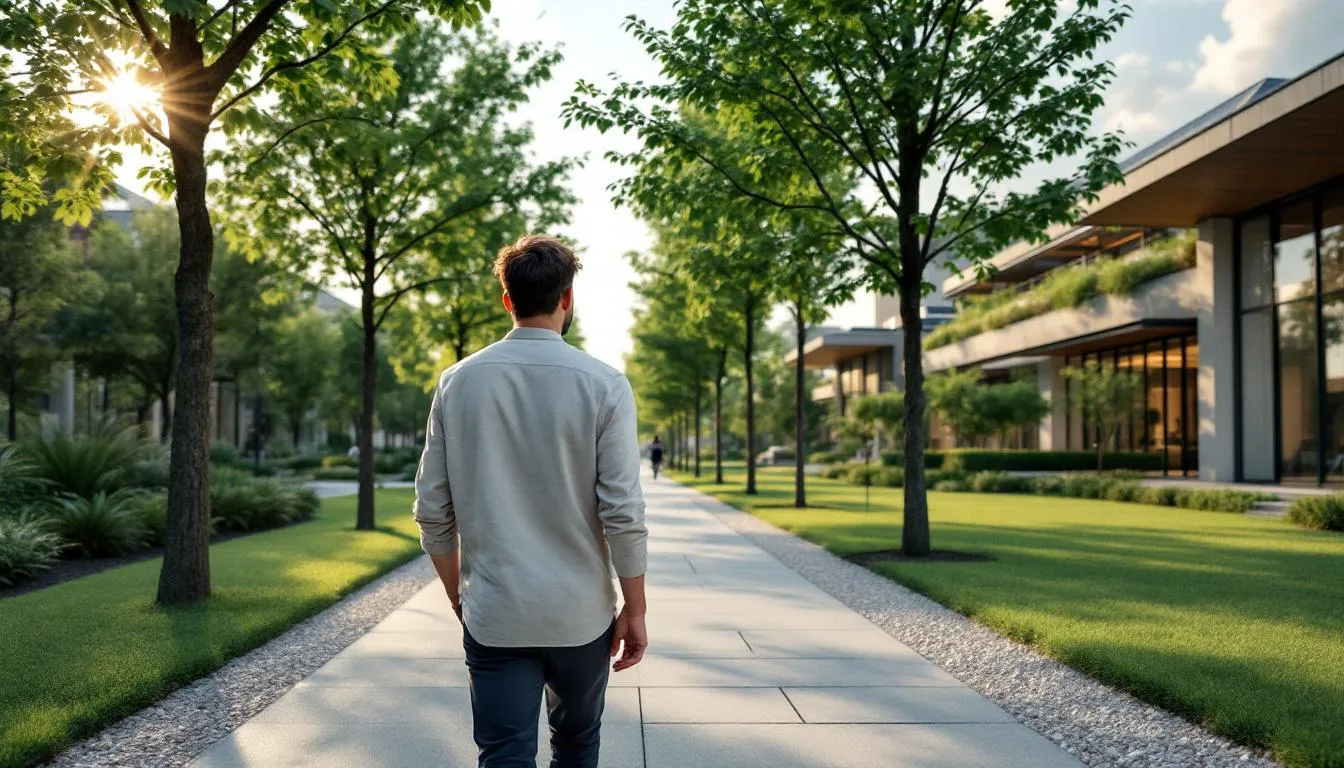 A person is walking through a clean, green urban park, surrounded by trees and sustainable architecture, promoting physical wellness and emotional well-being. This serene environment encourages healthy habits and provides personal satisfaction, contributing to the overall dimensions of wellness.