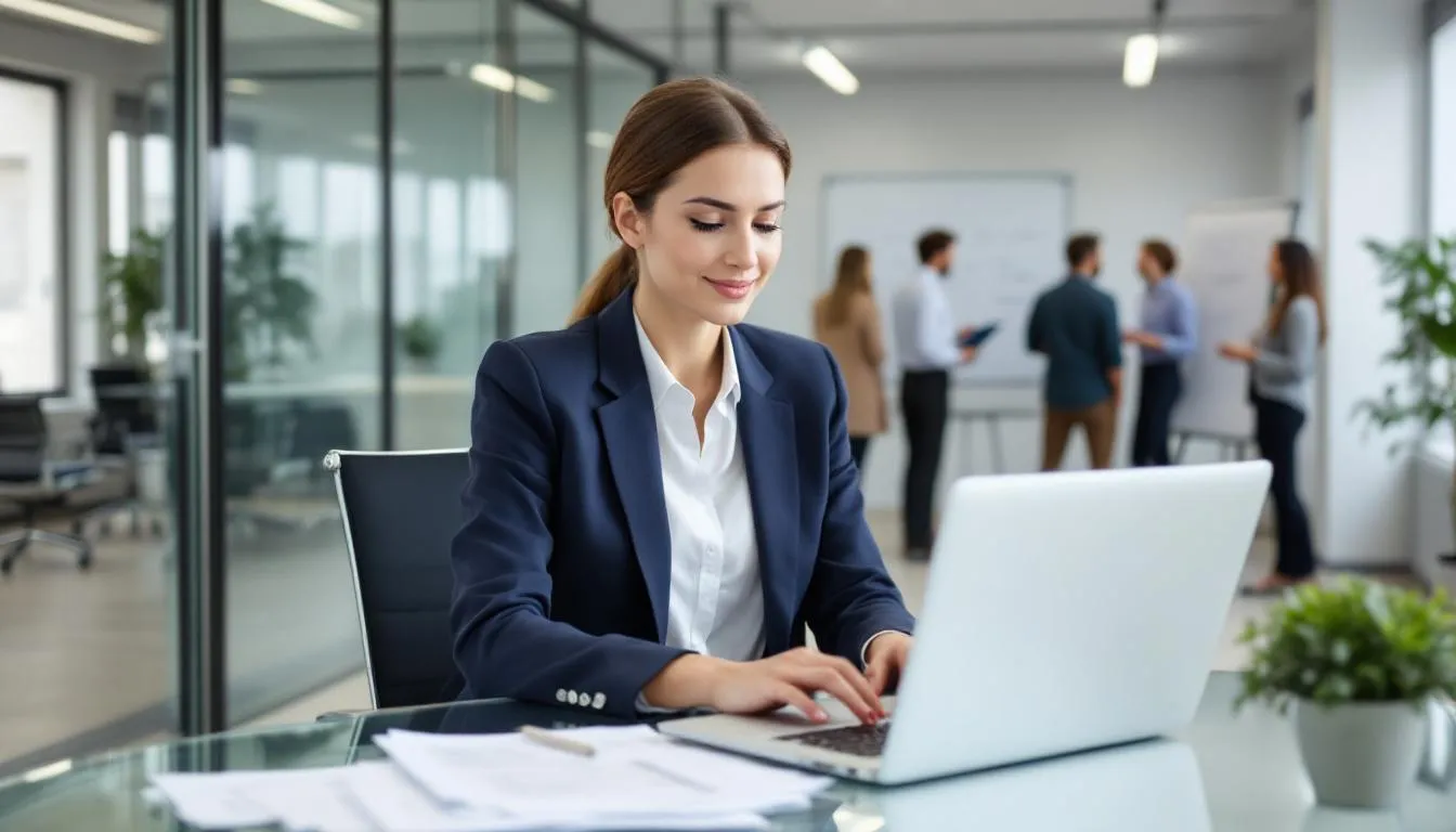 The image depicts a professional person in a modern workplace, engaged in focused work while also collaborating with colleagues, highlighting the balance between occupational wellness and social wellness. This setting promotes emotional well-being and intellectual wellness through creative and stimulating activities, fostering a supportive environment for personal satisfaction and overall well-being.