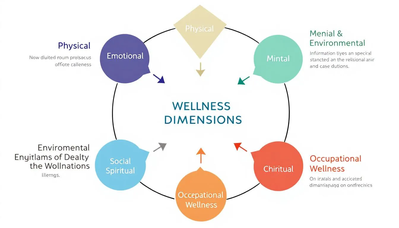 An interconnected diagram illustrates the seven dimensions of wellness, including physical, emotional, intellectual, and spiritual wellness, with arrows showing their relationships and influences on one another. This holistic approach emphasizes the importance of healthy habits and personal satisfaction in achieving overall well-being.