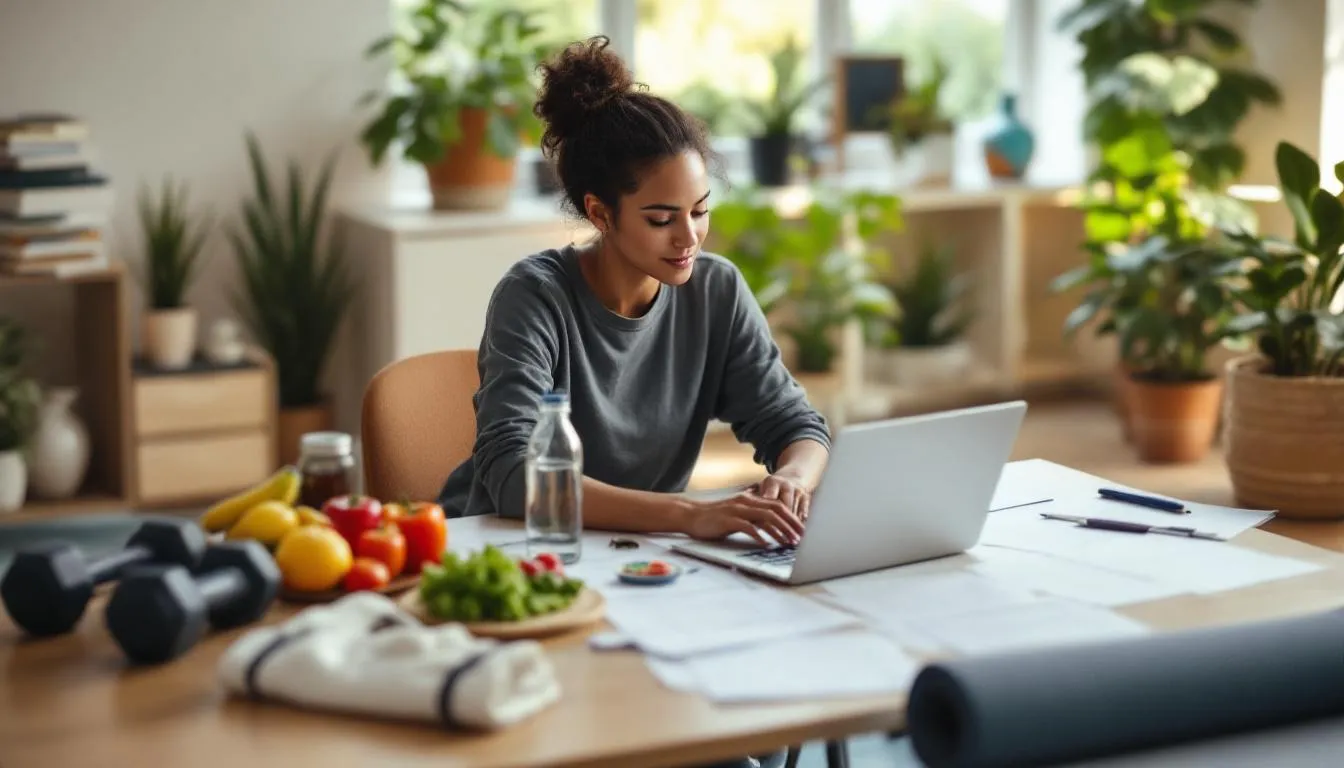 A person is seated at a desk, actively creating a wellness plan surrounded by healthy foods, exercise equipment, and books, with vibrant plants in the background. This scene embodies the seven dimensions of wellness, emphasizing the importance of physical, emotional, and intellectual health in daily life.