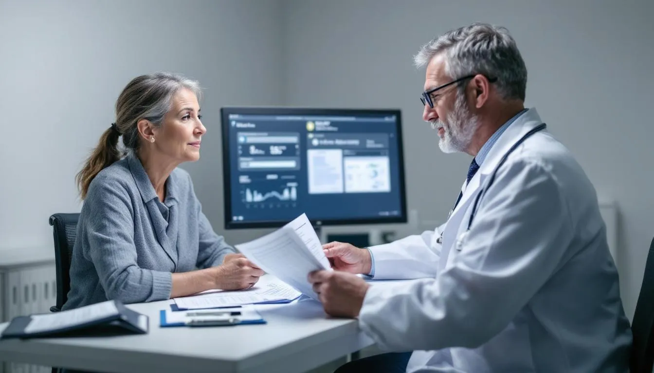 The image depicts a functional medicine doctor and a patient engaged in a medical consultation, reviewing comprehensive health assessments and discussing a personalized treatment plan. The setting emphasizes an integrative approach to health, highlighting the importance of understanding the individual's medical history and overall well-being.