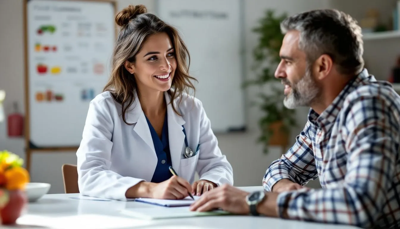 A health coach and patient are engaged in a personalized nutrition counseling session, discussing dietary recommendations tailored to the individual's health journey. The scene emphasizes an integrative approach to health, highlighting the importance of understanding underlying causes and developing a personalized treatment plan for optimal health.
